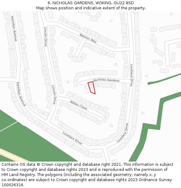 6, NICHOLAS GARDENS, WOKING, GU22 8SD: Location map and indicative extent of plot