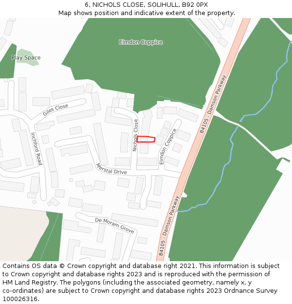 6, NICHOLS CLOSE, SOLIHULL, B92 0PX: Location map and indicative extent of plot