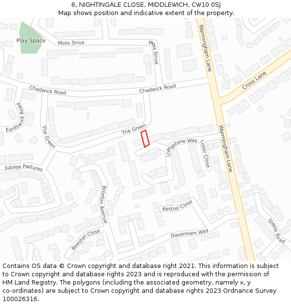 6, NIGHTINGALE CLOSE, MIDDLEWICH, CW10 0SJ: Location map and indicative extent of plot