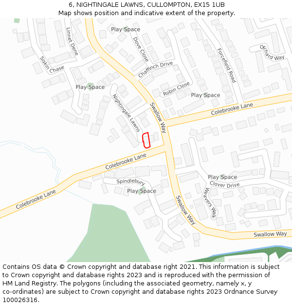 6, NIGHTINGALE LAWNS, CULLOMPTON, EX15 1UB: Location map and indicative extent of plot