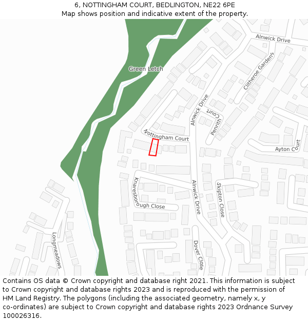 6, NOTTINGHAM COURT, BEDLINGTON, NE22 6PE: Location map and indicative extent of plot