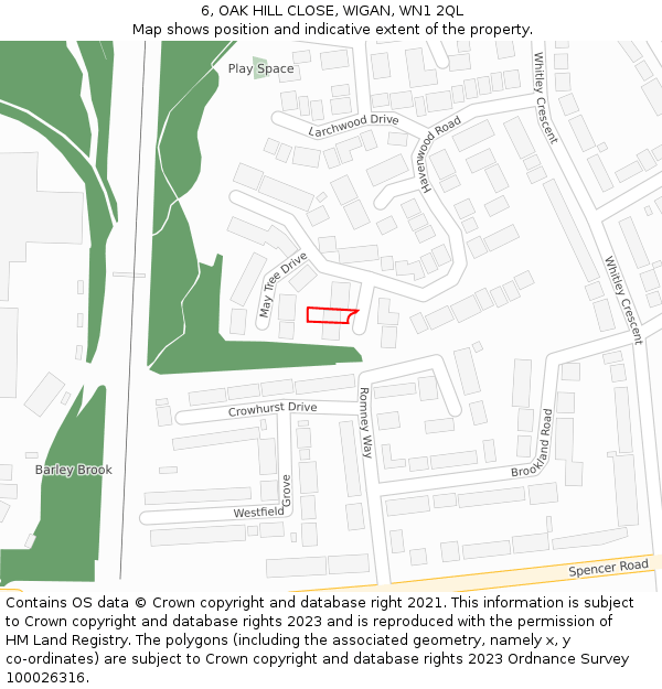 6, OAK HILL CLOSE, WIGAN, WN1 2QL: Location map and indicative extent of plot