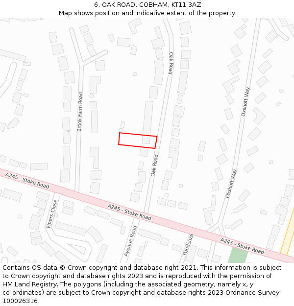 6, OAK ROAD, COBHAM, KT11 3AZ: Location map and indicative extent of plot