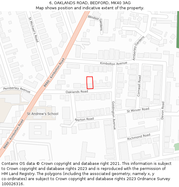 6, OAKLANDS ROAD, BEDFORD, MK40 3AG: Location map and indicative extent of plot