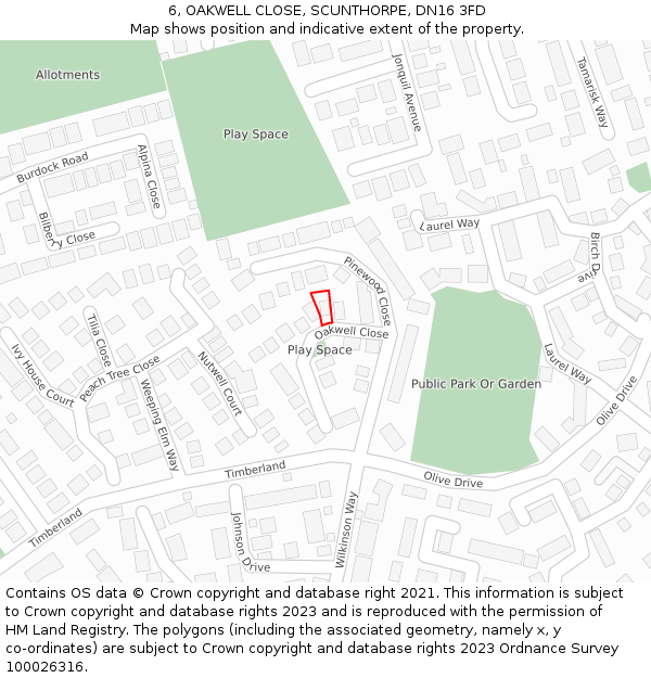 6, OAKWELL CLOSE, SCUNTHORPE, DN16 3FD: Location map and indicative extent of plot