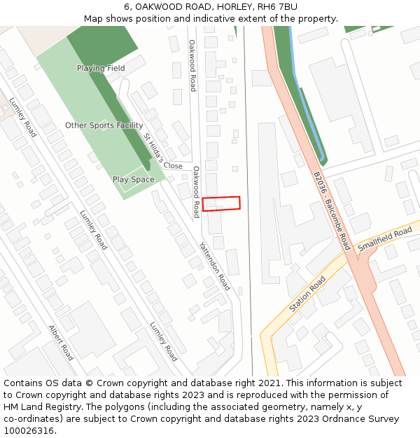 6, OAKWOOD ROAD, HORLEY, RH6 7BU: Location map and indicative extent of plot