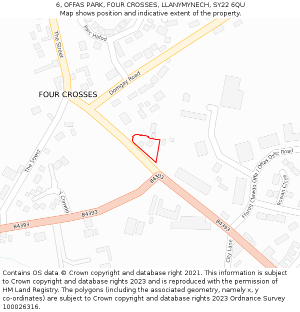 6, OFFAS PARK, FOUR CROSSES, LLANYMYNECH, SY22 6QU: Location map and indicative extent of plot