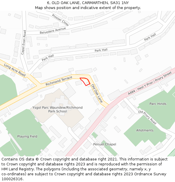 6, OLD OAK LANE, CARMARTHEN, SA31 1NY: Location map and indicative extent of plot