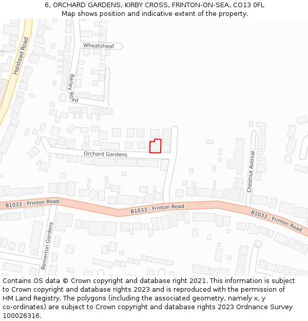 6, ORCHARD GARDENS, KIRBY CROSS, FRINTON-ON-SEA, CO13 0FL: Location map and indicative extent of plot