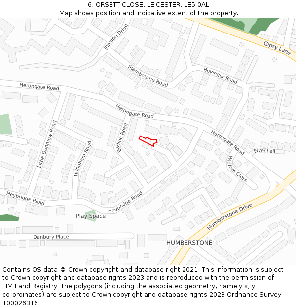 6, ORSETT CLOSE, LEICESTER, LE5 0AL: Location map and indicative extent of plot