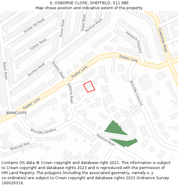 6, OSBORNE CLOSE, SHEFFIELD, S11 9BE: Location map and indicative extent of plot