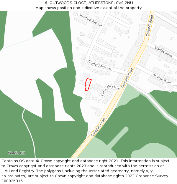 6, OUTWOODS CLOSE, ATHERSTONE, CV9 2NU: Location map and indicative extent of plot