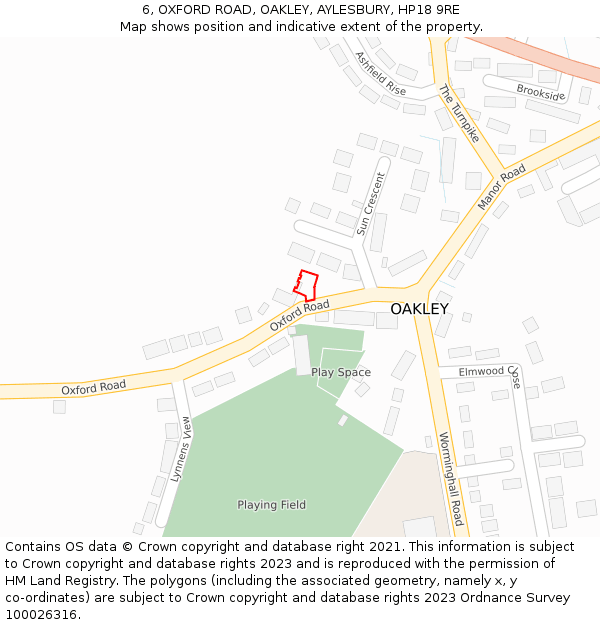 6, OXFORD ROAD, OAKLEY, AYLESBURY, HP18 9RE: Location map and indicative extent of plot