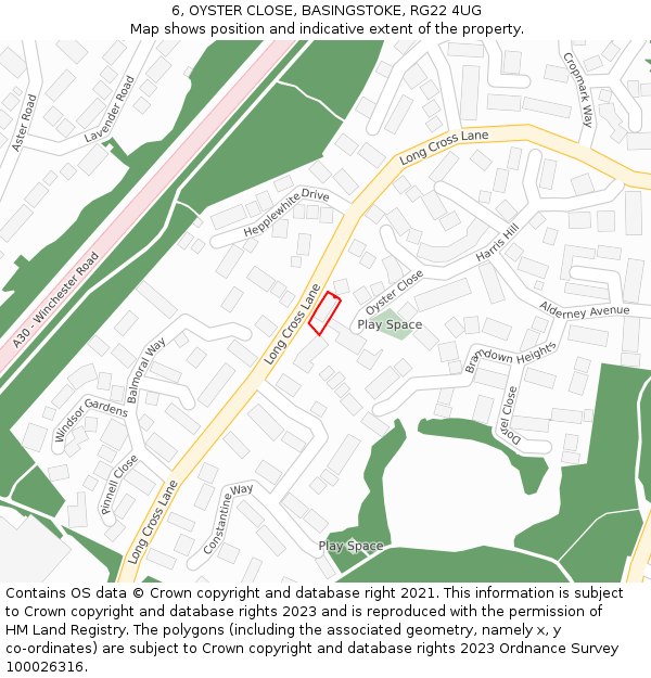 6, OYSTER CLOSE, BASINGSTOKE, RG22 4UG: Location map and indicative extent of plot