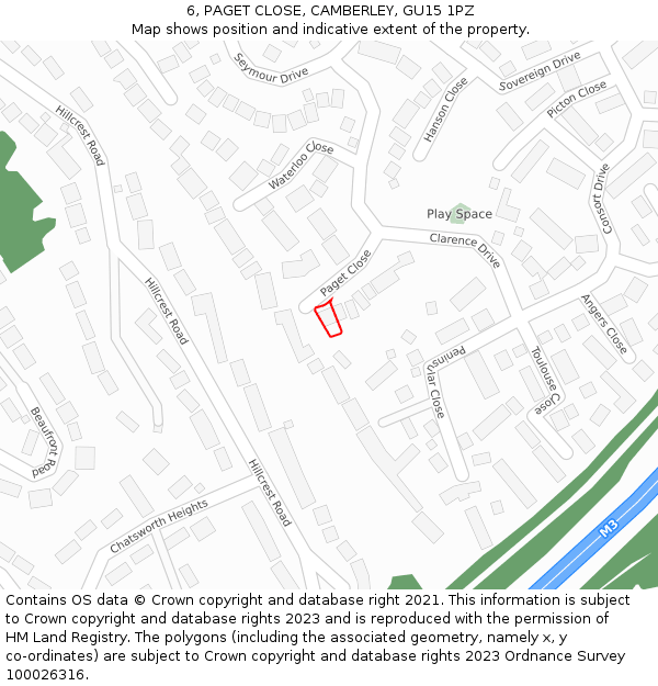 6, PAGET CLOSE, CAMBERLEY, GU15 1PZ: Location map and indicative extent of plot