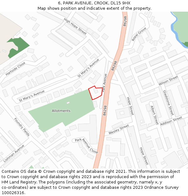 6, PARK AVENUE, CROOK, DL15 9HX: Location map and indicative extent of plot