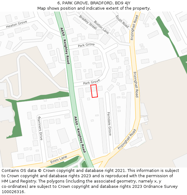 6, PARK GROVE, BRADFORD, BD9 4JY: Location map and indicative extent of plot