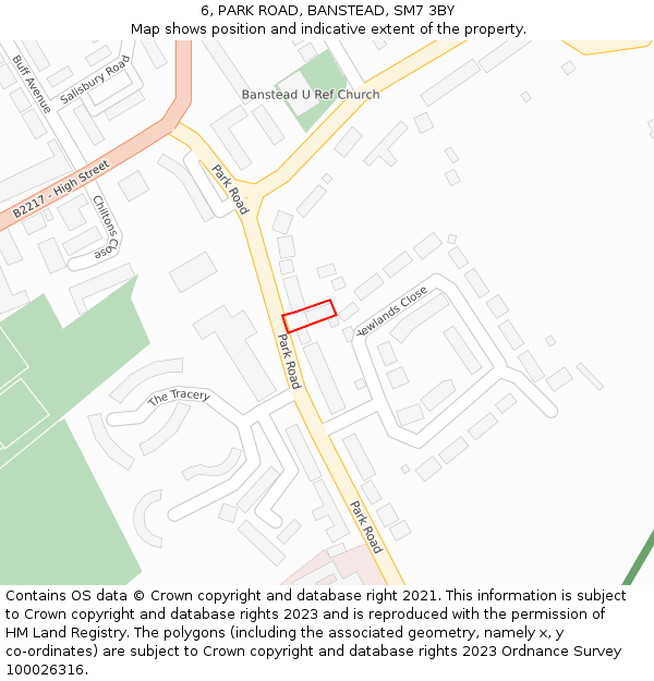 6, PARK ROAD, BANSTEAD, SM7 3BY: Location map and indicative extent of plot