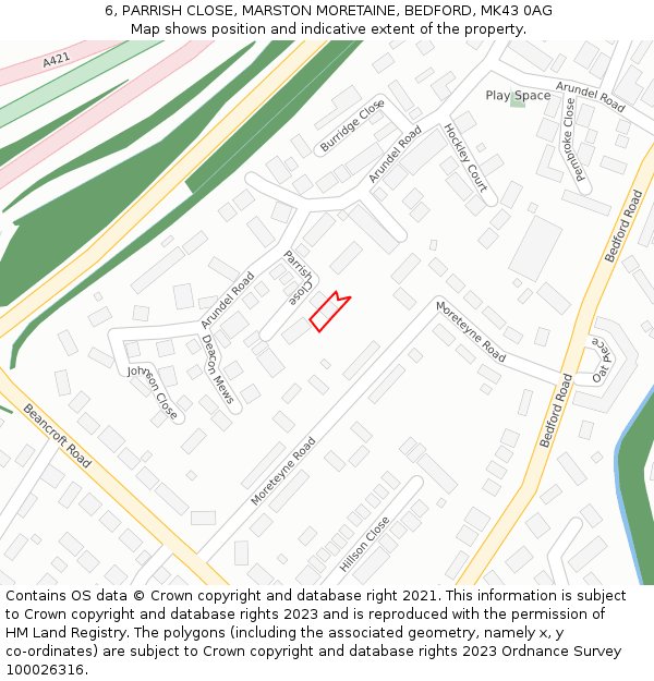 6, PARRISH CLOSE, MARSTON MORETAINE, BEDFORD, MK43 0AG: Location map and indicative extent of plot