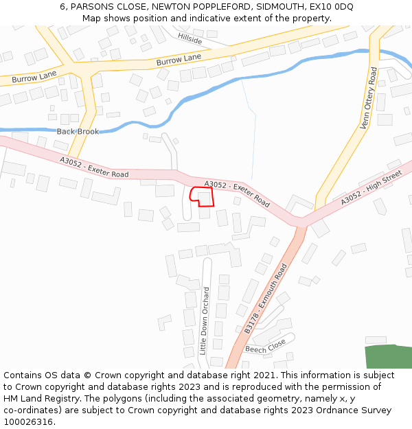 6, PARSONS CLOSE, NEWTON POPPLEFORD, SIDMOUTH, EX10 0DQ: Location map and indicative extent of plot