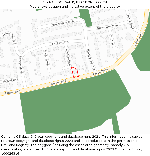 6, PARTRIDGE WALK, BRANDON, IP27 0YF: Location map and indicative extent of plot