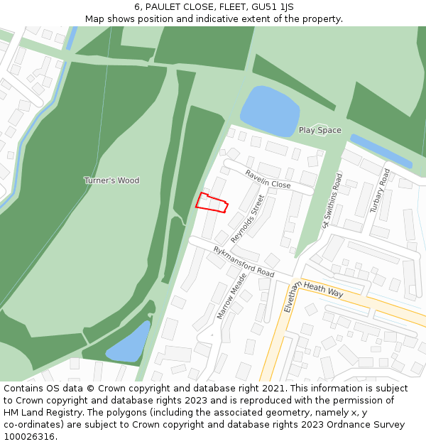 6, PAULET CLOSE, FLEET, GU51 1JS: Location map and indicative extent of plot