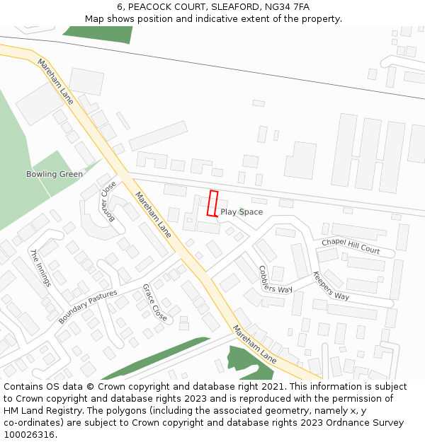 6, PEACOCK COURT, SLEAFORD, NG34 7FA: Location map and indicative extent of plot