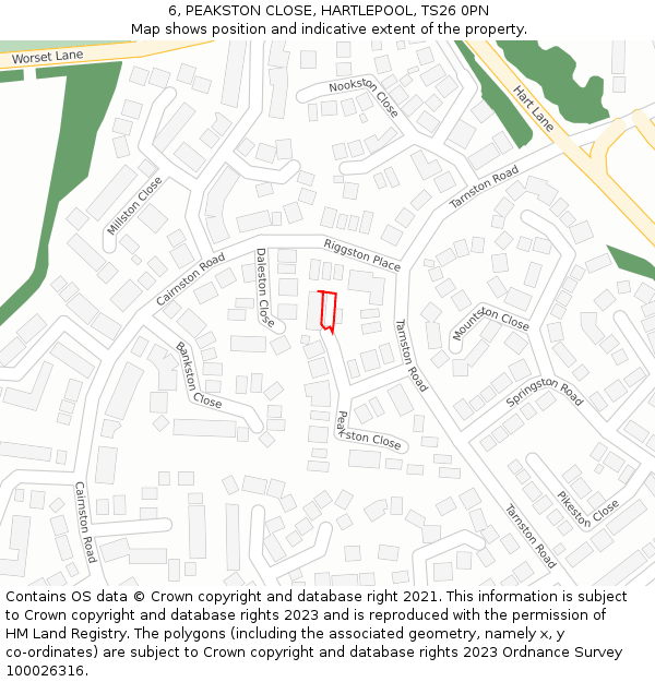 6, PEAKSTON CLOSE, HARTLEPOOL, TS26 0PN: Location map and indicative extent of plot