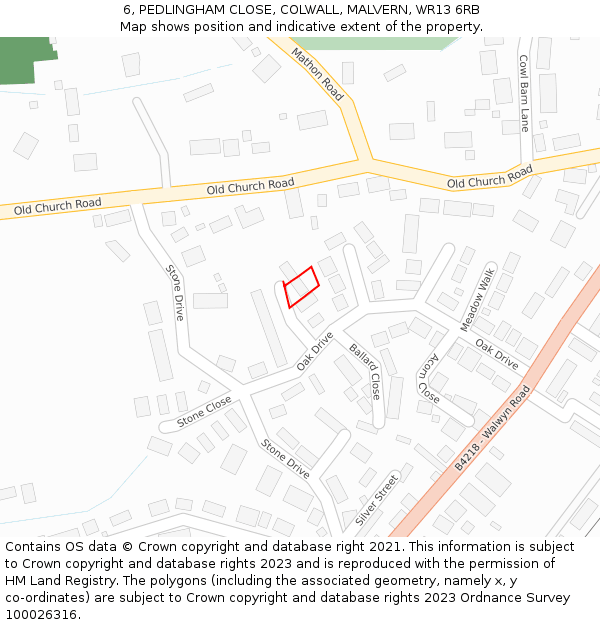 6, PEDLINGHAM CLOSE, COLWALL, MALVERN, WR13 6RB: Location map and indicative extent of plot