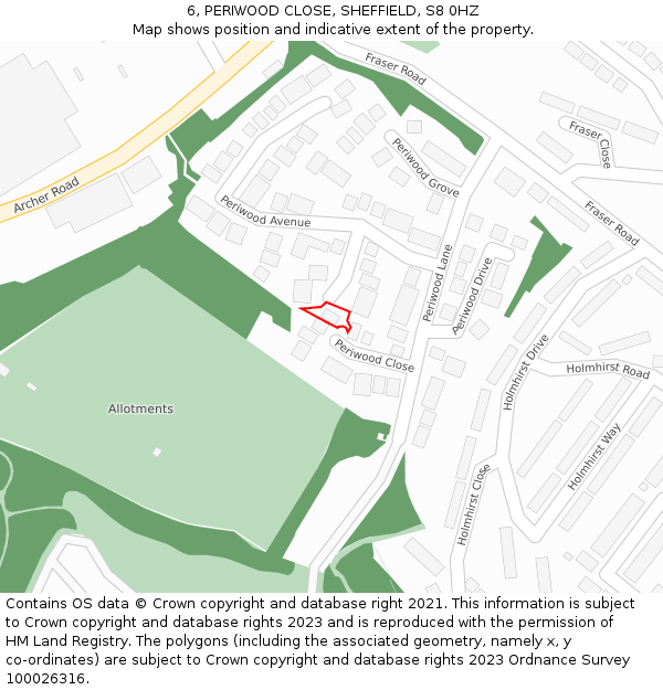 6, PERIWOOD CLOSE, SHEFFIELD, S8 0HZ: Location map and indicative extent of plot