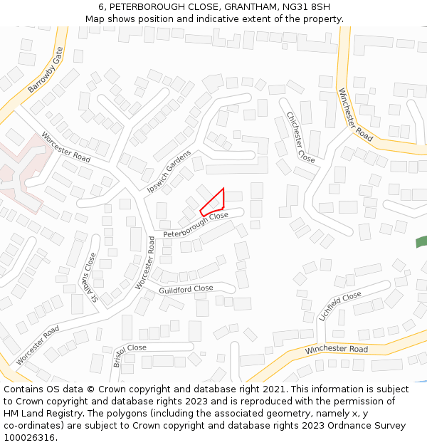 6, PETERBOROUGH CLOSE, GRANTHAM, NG31 8SH: Location map and indicative extent of plot