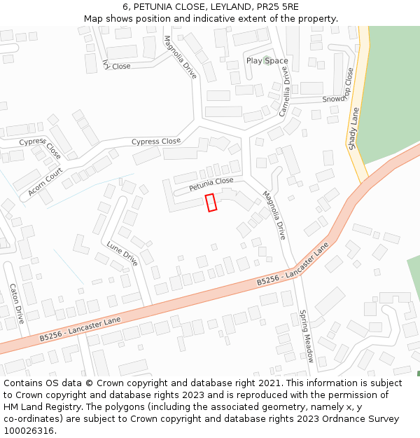 6, PETUNIA CLOSE, LEYLAND, PR25 5RE: Location map and indicative extent of plot