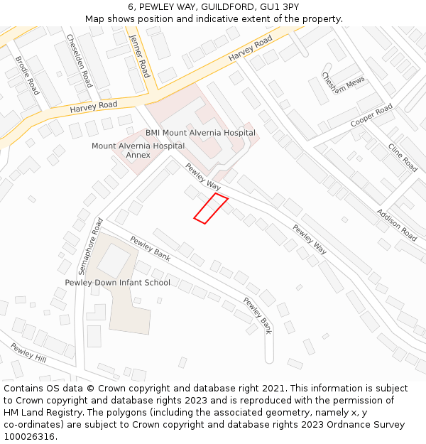 6, PEWLEY WAY, GUILDFORD, GU1 3PY: Location map and indicative extent of plot