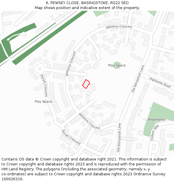 6, PEWSEY CLOSE, BASINGSTOKE, RG22 5ED: Location map and indicative extent of plot