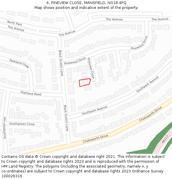 6, PINEVIEW CLOSE, MANSFIELD, NG18 4PQ: Location map and indicative extent of plot