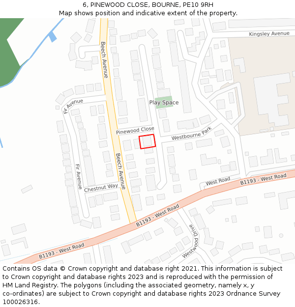 6, PINEWOOD CLOSE, BOURNE, PE10 9RH: Location map and indicative extent of plot