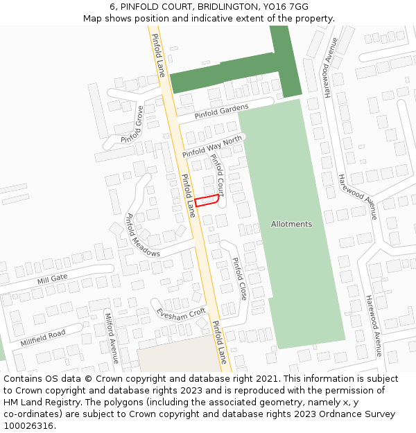 6, PINFOLD COURT, BRIDLINGTON, YO16 7GG: Location map and indicative extent of plot