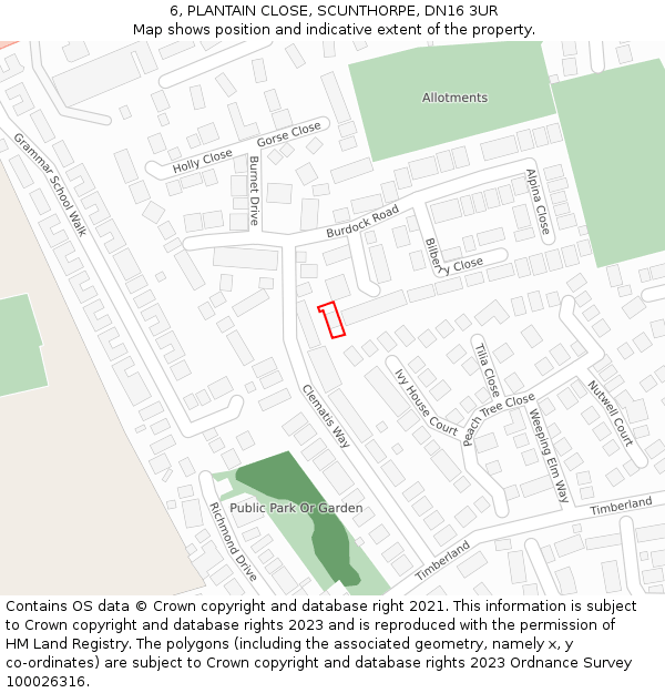 6, PLANTAIN CLOSE, SCUNTHORPE, DN16 3UR: Location map and indicative extent of plot