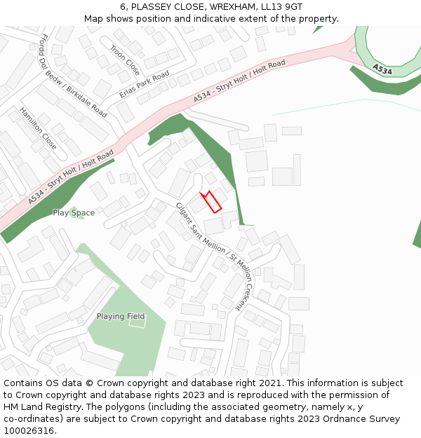 6, PLASSEY CLOSE, WREXHAM, LL13 9GT: Location map and indicative extent of plot