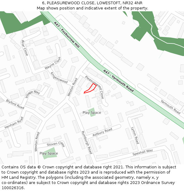 6, PLEASUREWOOD CLOSE, LOWESTOFT, NR32 4NR: Location map and indicative extent of plot