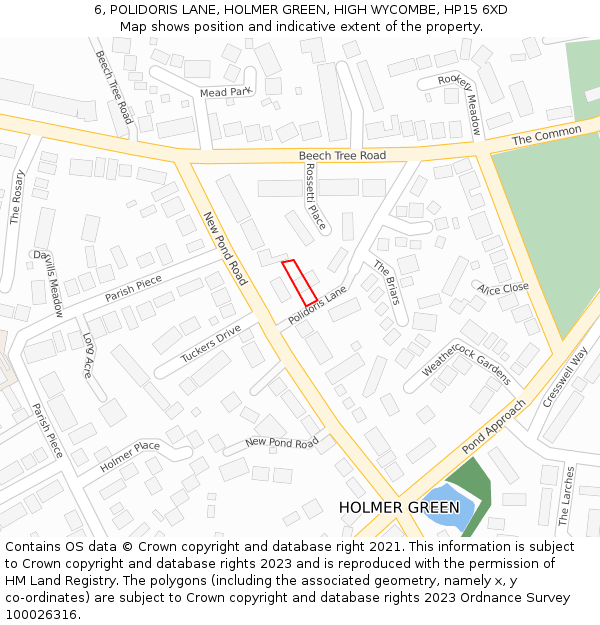6, POLIDORIS LANE, HOLMER GREEN, HIGH WYCOMBE, HP15 6XD: Location map and indicative extent of plot