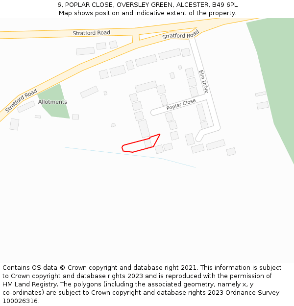 6, POPLAR CLOSE, OVERSLEY GREEN, ALCESTER, B49 6PL: Location map and indicative extent of plot