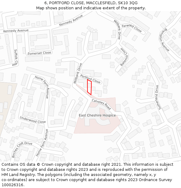 6, PORTFORD CLOSE, MACCLESFIELD, SK10 3QG: Location map and indicative extent of plot