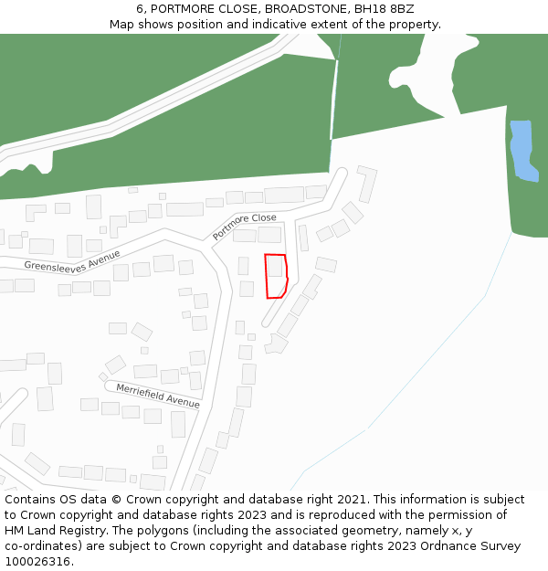 6, PORTMORE CLOSE, BROADSTONE, BH18 8BZ: Location map and indicative extent of plot