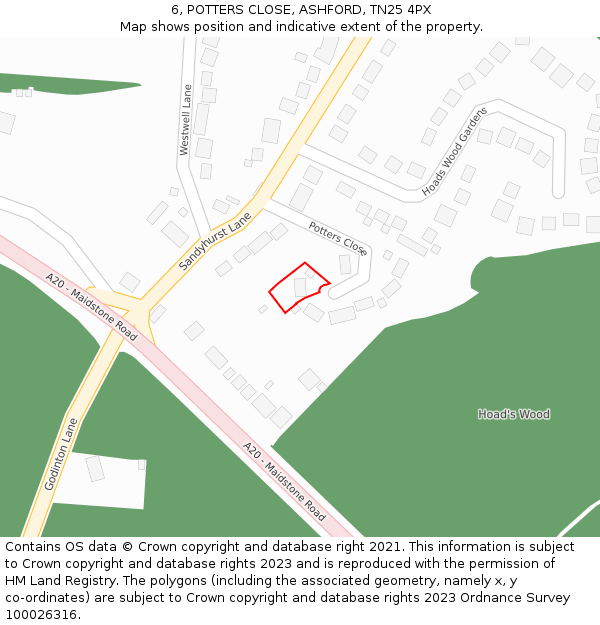 6, POTTERS CLOSE, ASHFORD, TN25 4PX: Location map and indicative extent of plot