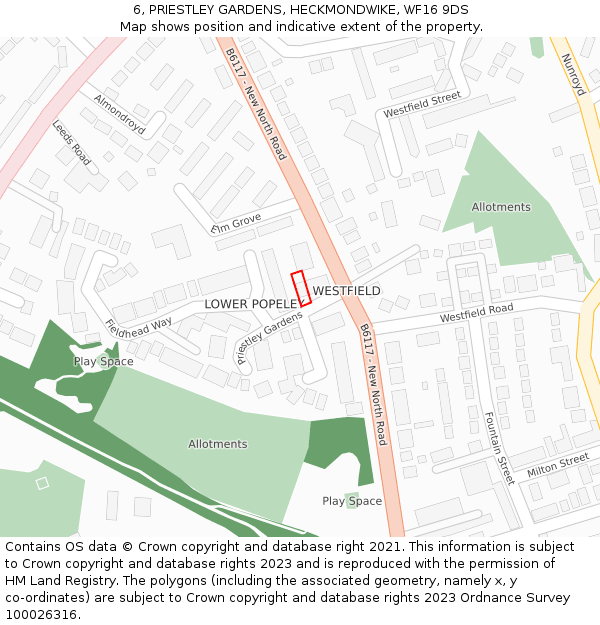 6, PRIESTLEY GARDENS, HECKMONDWIKE, WF16 9DS: Location map and indicative extent of plot