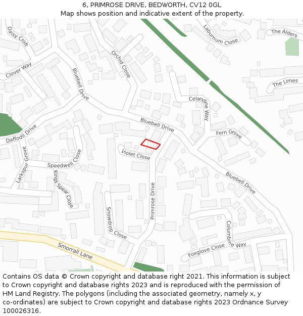 6, PRIMROSE DRIVE, BEDWORTH, CV12 0GL: Location map and indicative extent of plot