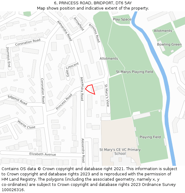6, PRINCESS ROAD, BRIDPORT, DT6 5AY: Location map and indicative extent of plot