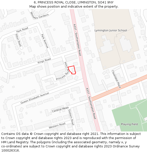 6, PRINCESS ROYAL CLOSE, LYMINGTON, SO41 9NY: Location map and indicative extent of plot