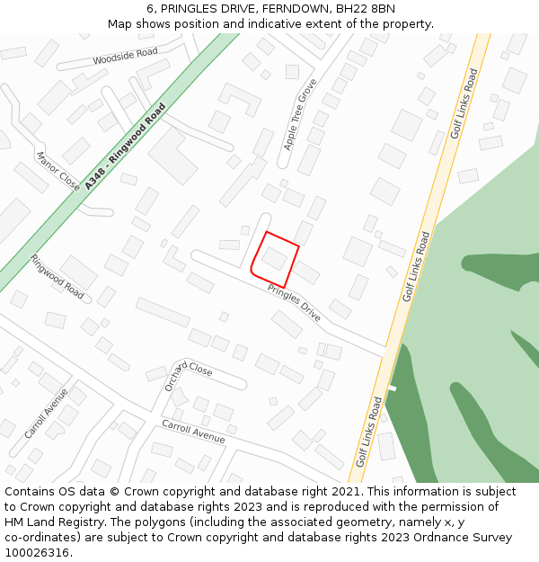 6, PRINGLES DRIVE, FERNDOWN, BH22 8BN: Location map and indicative extent of plot